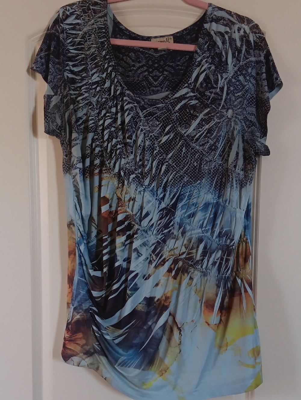 ONE WORLD Blue Multi-Print Short Sleeve Tee with Yellow & Brown Accents